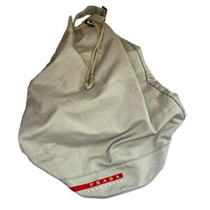 Prada Luna Rossa Silver Nylon Drawstring Backpack Sling Bag Red Logo Stripe